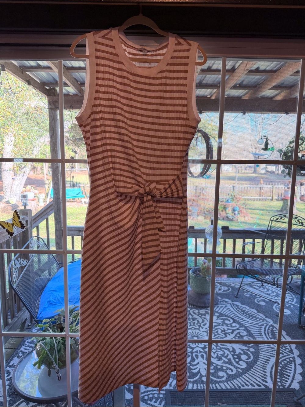 Evereve Brown and White Striped Sleeveless Midi Dress with Waist Tie - Picture 6 of 7